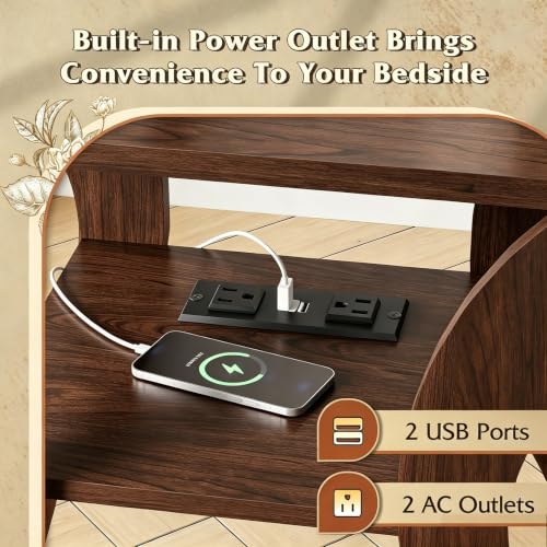 WLIVE End Tables Set of 2 with Charging Station - Cherry Finish