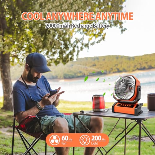 Rechargeable Camping Fan with Light and Remote - 20000mAh Cordless Oscillating Tent Fan