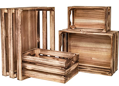MACVAD Torched Brown Large Rustic Wooden Storage Crates Set of 4, Farmhouse Nesting Boxes