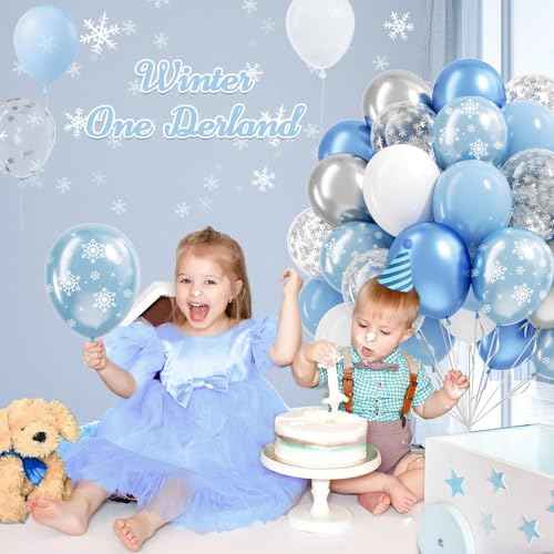 61pcs Winter Wonderland Balloons Set, Snowflake Confetti Balloons Blue Metallic Silver White Balloon for Snowflake Frozen Christmas Winter Wonderland Birthday Party Decoration