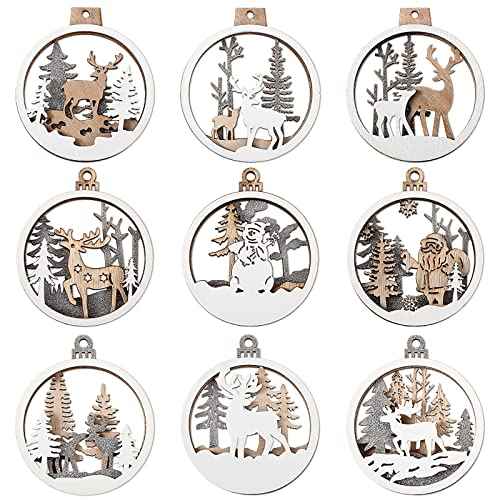 9 Pieces Christmas Wooden Ornaments Hollow Farmhouse Rustic 3D Glitter Reindeer Hanging Decorations for Xmas Winter Holiday Christmas Tree Decorations Gift Tags