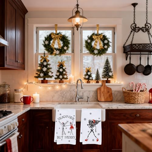 Skeleton Christmas Kitchen Towels 4-Pack - Gothic Black White Red Cotton Dish Towels