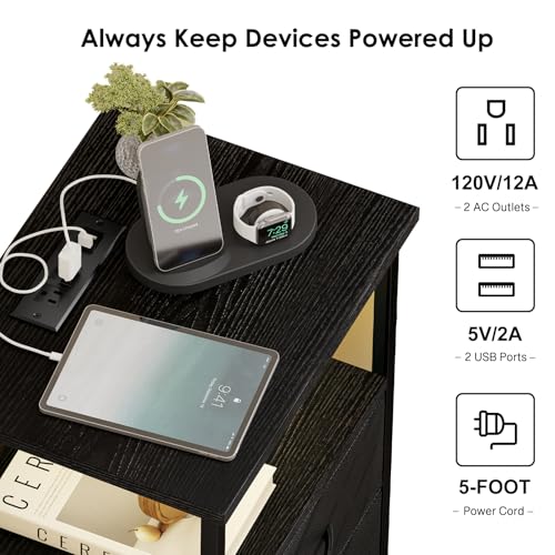 Fixwal Nightstand with Charging Station, 2 Drawers, Black LED Light (15.7"D x 11.8"W x 23.6"H)