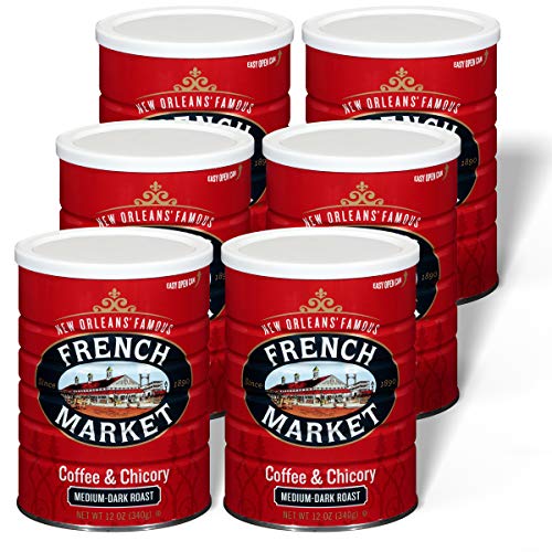 French Market Ground Coffee & Chicory Medium-Dark Roast 12oz Pack of 6 - Rich, Bold Blend