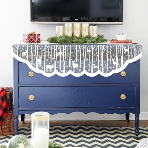 White Christmas Fireplace Mantel Cover ? Lace Reindeer Snowflake Mantle Scarf Garland Runner Decor - Xmas Fireplace Decorations for Living Room ? Winter Holiday Birch Tree Snow Woodland Mantel Scarf