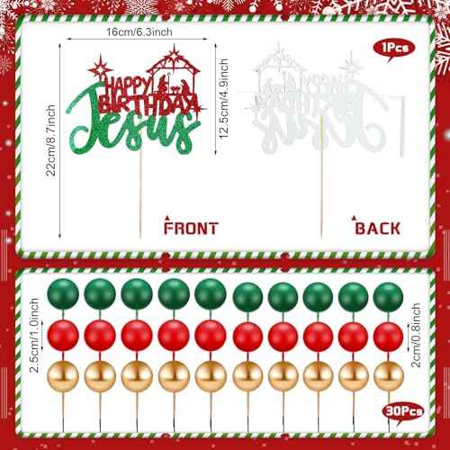 31 Pcs Happy Birthday Jesus Cake Topper Merry Christmas Balloon Topper Red Green Glitter Nativity Jesus Birthday Cake Pick for Nativity Scene Holiday Xmas Party