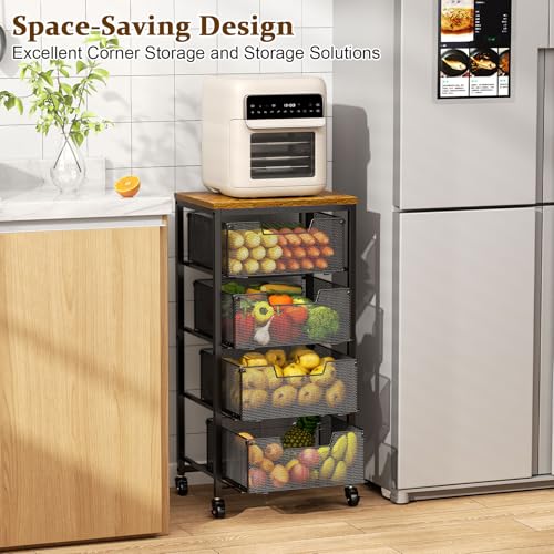 Brown 4-Tier Kitchen Rolling Cart with Drawers and Wooden Top for Fruits & Vegetables