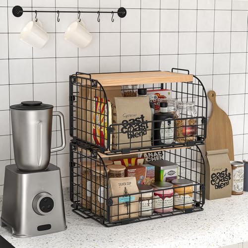 Stackable Wire Basket with Openable Bamboo Top for Kitchen Pantry Storage