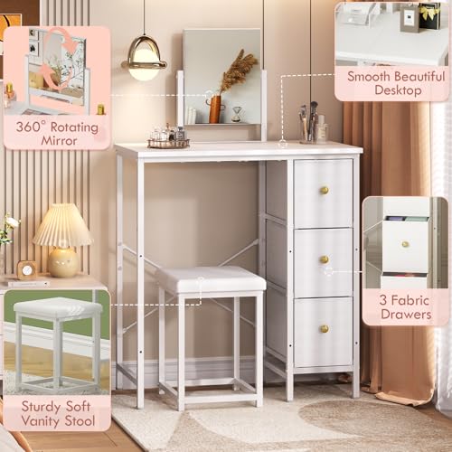 White 27.5 Inch Small Vanity Desk with Mirror & Stool, Compact Makeup Table for Girls & Teens - Space Saving