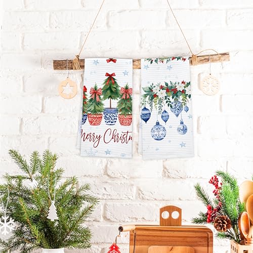 PseuAudo Merry Christmas Holiday Kitchen Towels - Festive Dish & Hand Towels, 2-Pack, 24x15 inches