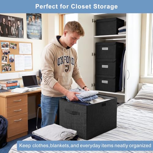 Large Collapsible Storage Bins with Lids - Black, 3 Pack