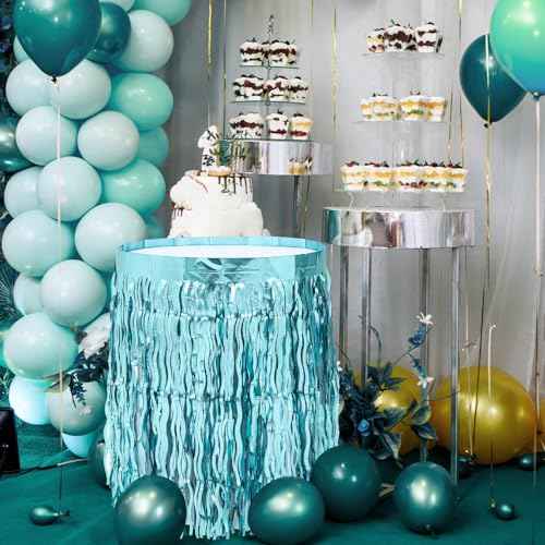 2 Pack Shiny Wavy Tinsel Foil Fringe Table Skirts Table Decorations for Mermaid Birthday Decorations, Summer Beach Theme, Ocean Tropical Shark Luau Birthday Party Decor (Teal Blue)