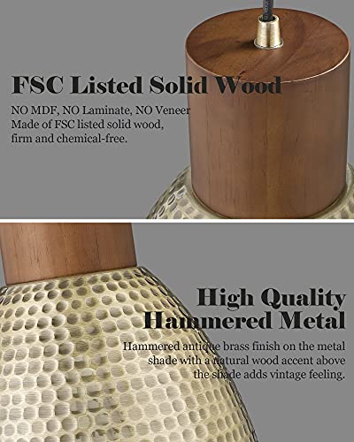 Medium Brass 2-Pack Hammered Pendant Light Fixtures - Vintage Metal & Solid Wood