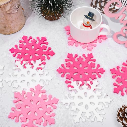 Pink Snowflake Felt Coasters Set of 15 for Christmas Winter Holiday Decor