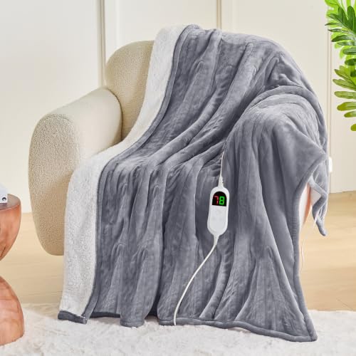 Greenoak Heated Blanket Electric Throw 50x60 Misty Grey with 10 Heat Levels and Auto-Off