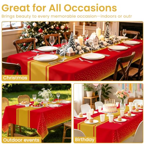 LIKAJON 2 Pack Red and Gold Waterproof Tablecloths 54x108 Inch for Parties
