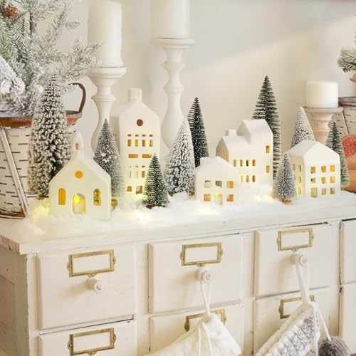 Lighted Ceramic Christmas Village Set with Houses, Trees & Remote Control