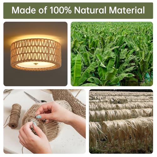 Brown Rattan Ceiling Light Fixture - 12.6 Inch Boho Bohemian Style, Dual-Layer Design
