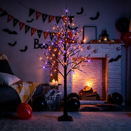 6FT Halloween Lighted Black Birch Tree with Purple & Orange LED Lights, Waterproof Indoor Outdoor Spooky Tree with Timer