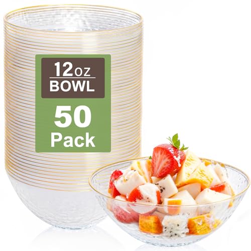 Rubtlamp 50 Pack Clear Disposable Plastic Bowls with Gold Rim, 12oz Heavy Duty for Salads & Snacks - Gold Variant