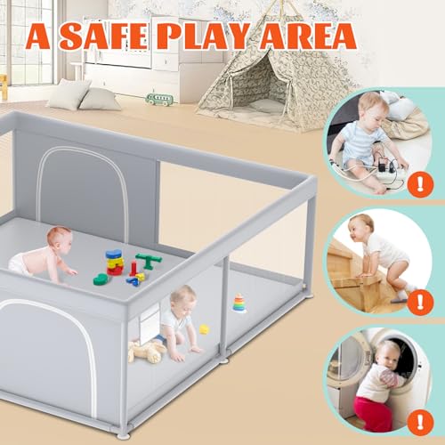 XVISHX 79x79 Inch Extra Large Baby Playpen with Soft Breathable Mesh, No Mat, Grey