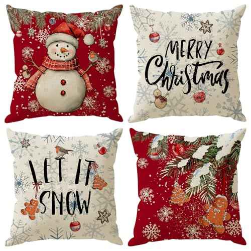 Merry Christmas Pillow Covers Snowman Trees Cookies Snowflakes Throw Pillow Cases Set of 4 Xmas Winter Decorations for Farmhouse Home Sofa Couch Cushion Cover Party Holiday Decor 18x18 Inch