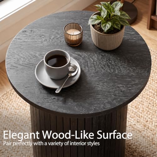 GIANTEX Black Round Fluted Side Table Set of 2 - Modern Pedestal End Tables