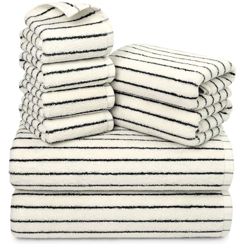 Jacquotha Black and Ivory 8-Piece Cotton Towel Set - Soft Absorbent Bathroom Towels