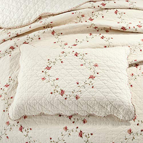 VCTOPS Floral Embroidered Oversize Queen Bedspread & Pillow Shams Set - Cotton, Reversible