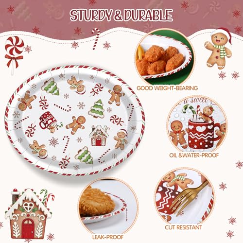 Pajean 100 Pcs Christmas Gingerbread Man Paper Plates 9 x 11 Inches - Holiday Party Supplies