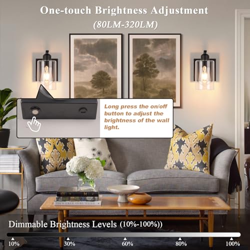 Black Battery Operated Wall Sconce Set of 2 with Clear Glass - Dimmable, Remote Control, 8 Inch