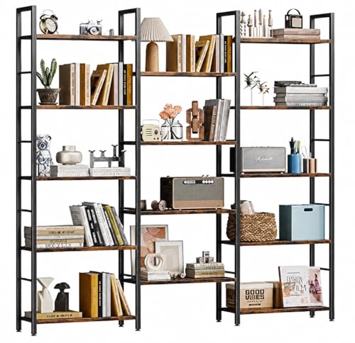 Shintenchi 5 Tier Wide Tall Bookshelf - Modern Triple Bookcase with 14 Shelves