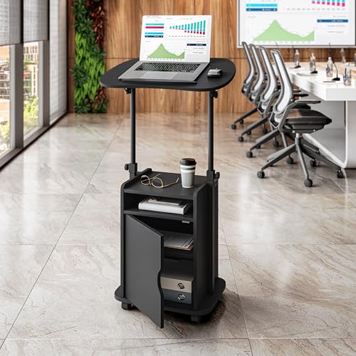 Black Adjustable Laptop Cart with Storage and Locking Wheels – Mobile Workstation