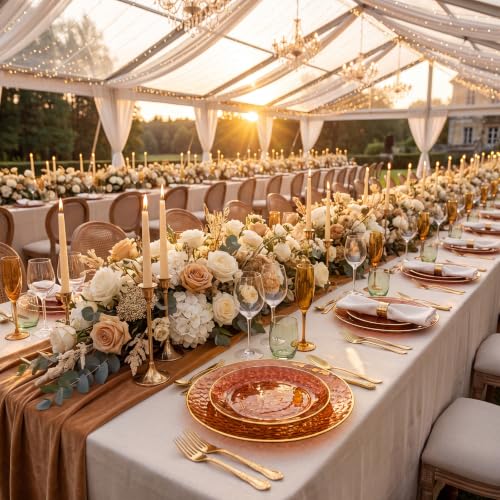 Amber Plastic Plates Set - Clear Gold Rim, Heavy Duty Disposable Party Plates with Hammered Design - Clear Amber Gold Variation