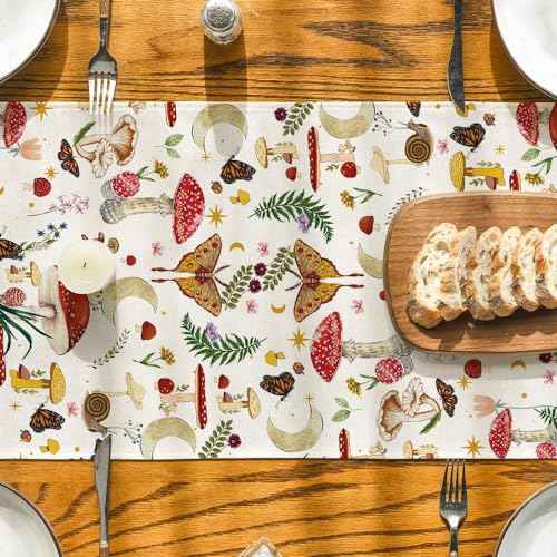 Artoid Mode Beige Modern Mushroom Table Runner, Seasonal Botanic Farmhouse Kitchen Dining Table Decoration for Home Party Decor 13x72 Inch