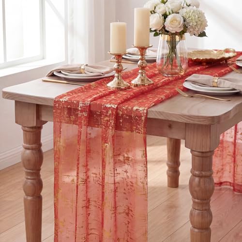 Artoid Mode Red Gold Gauze Table Runner 120in (28x120) Glitter for Christmas & Holidays