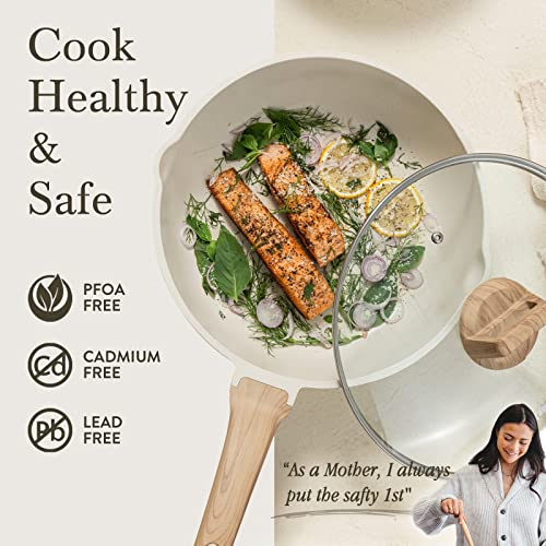 CAROTE 12 Inch Nonstick Deep Frying Pan with Lid, 5.5 Qt White Granite - Cream White