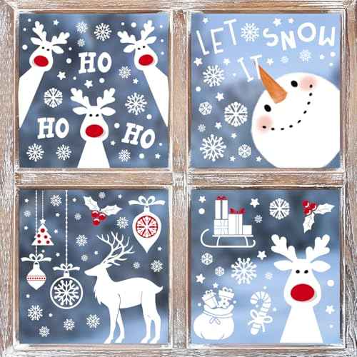 Horaldaily 264 PCS Christmas Window Cling Sticker, Deer Snowman Gifts for Home Party Supplies Shop Window Glass Display Decoration