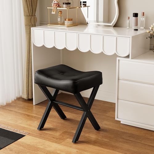 Small Black Leather Vanity Stool Chair - 18-Inch Elegant Saddle Seat