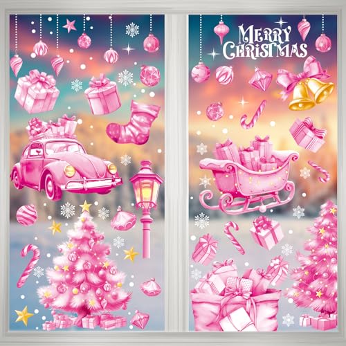 Pink Christmas Window Clings - 8 Sheets Holiday Decor for Glass & Surfaces