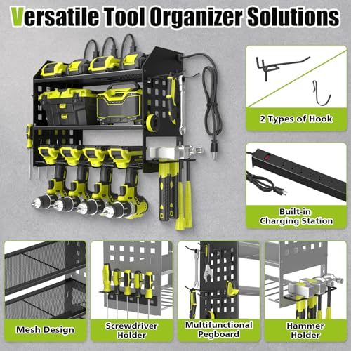 Power Tool Organizer Wall Mount with Charging Station - 3 Layers, 4 Drill Holders, Black