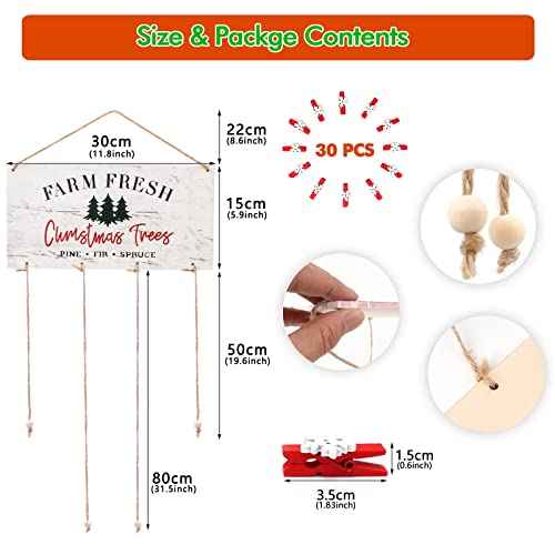 Christmas Card Holder Farm Fresh Wall Hanging Card Display Picture Holder with 30pcs Snowflake Wooden Clips for DIY Christmas Cards Photos Craft Home Office Wall Decor