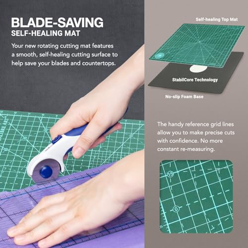 Calibre Art 14x14 Green Rotating Self-Healing Cutting Mat with Grid for Quilting