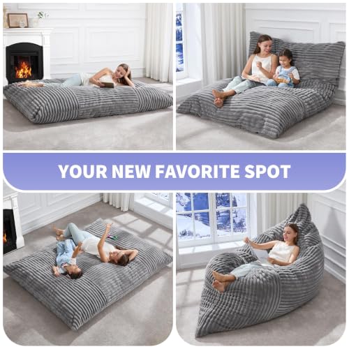 Large Grey 3-in-1 Convertible Bean Bag Chair Sofa Lounger Floor Cushion - Hobestluk