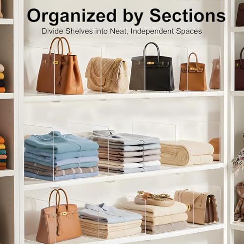 Purse Organizer for Closet Shelf Dividers - Clear Acrylic 16-Pack, 8" Tall x 12" Deep