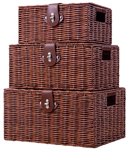 Natural Woven Wicker Storage Basket Set with Lids Handles - Nursery & Home Organizer