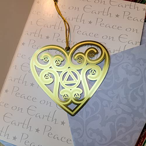 AA Recovery Heart Sobriety Christmas Ornament | Alcoholics Anonymous Sober Gift | Stamped Brass