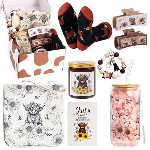 Highland Cow Gift Set: 8-Piece Tote Bag, Glass Cup, Keychain & Socks
