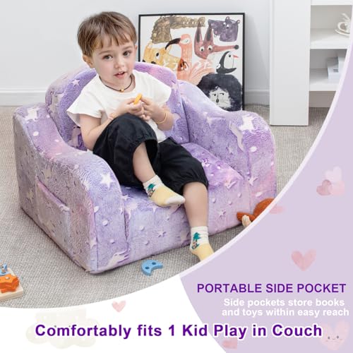 Airpanda Kids Sofa Chair - Purple 2-in-1 Fold-Out Couch with Blanket & Glow Fabric