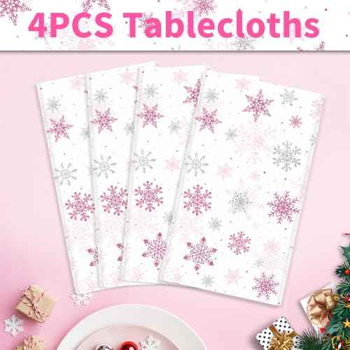 4PCS Christmas Snowflake Tablecloth Xmas Party Table Cover Pink Snowflake Table Cloth Christmas Theme Party Decorations Winter Holiday Supply 51X86IN